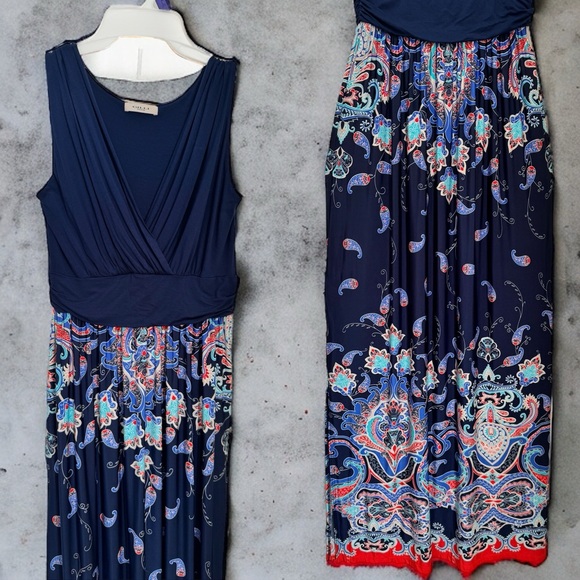 GILLI MAXI DRESS. SLEEVELESS SURPLICE NAVY BLUE + PAISLEY DRESS. LIKE NEW! - Picture 3 of 14
